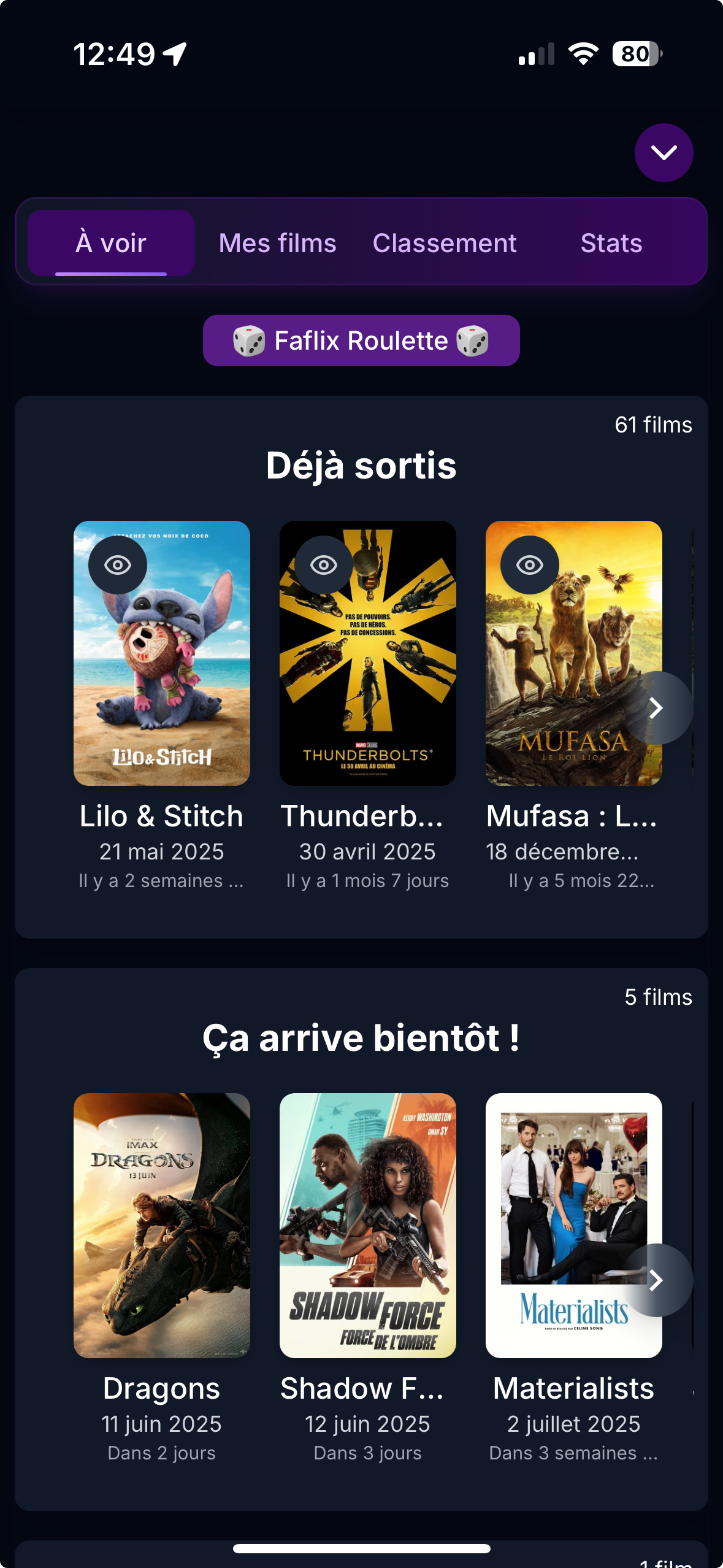 Interface Faflix Mobile - Application mobile avec films et playlists