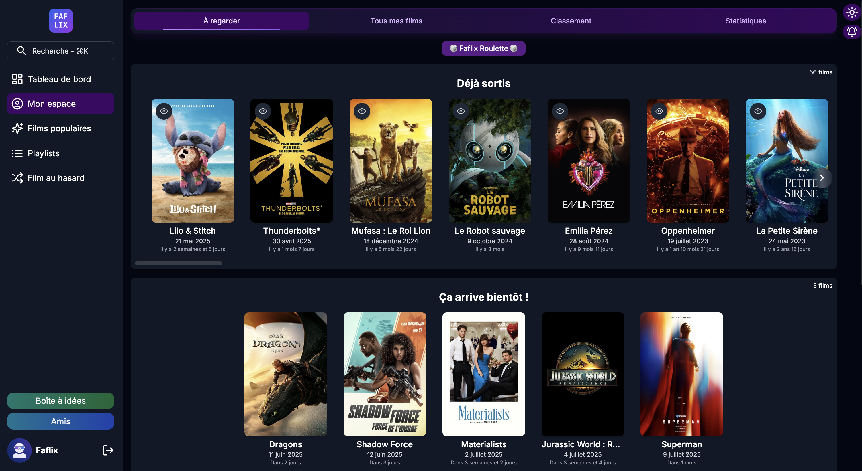 Interface Faflix Desktop - Tableau de bord personnel avec films, notes et playlists